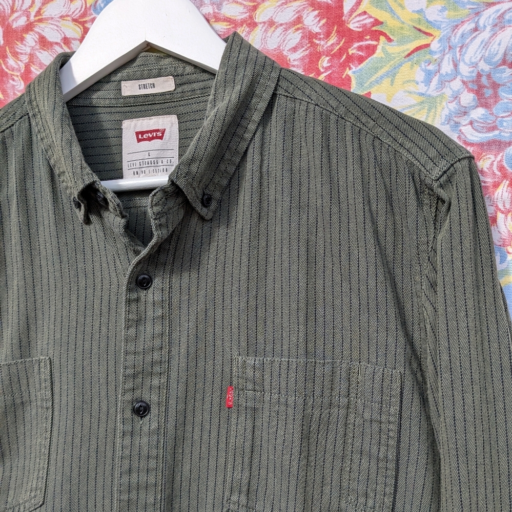 Levi’s Large LS Stretch Button-down Shirt Green with Black Lines Men's